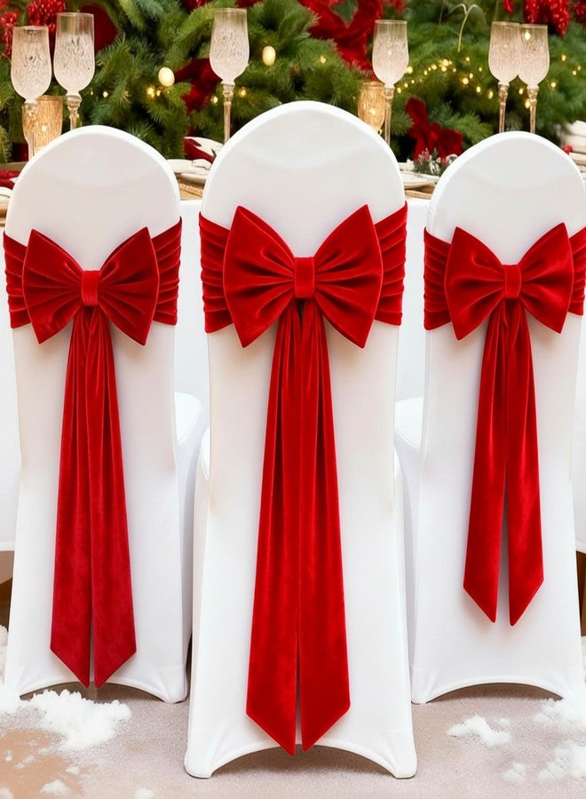 Suncalla 10 Pcs Christmas Velvet Chair Decoration Red Bows Velvet Chair Sashes 24 x 13'' Christmas Elastic Reusable Back Ribbon Bows Cover for Xmas Wedding Events Ceremony Reception Party Supplies - Image 1